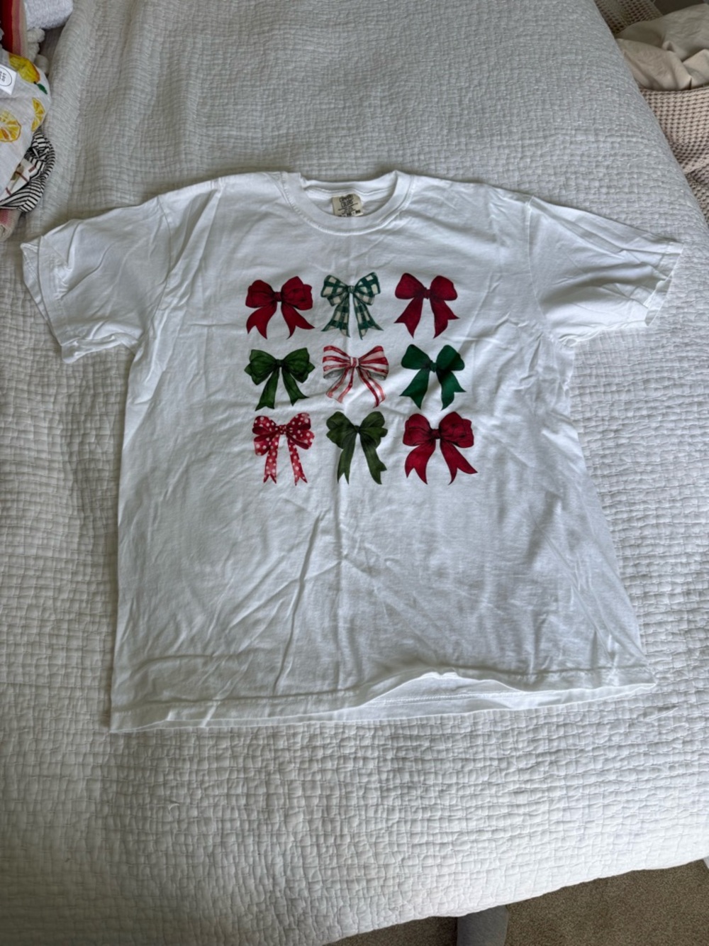 Red Dress Boutique White Tee with Red and Green Bow Print
